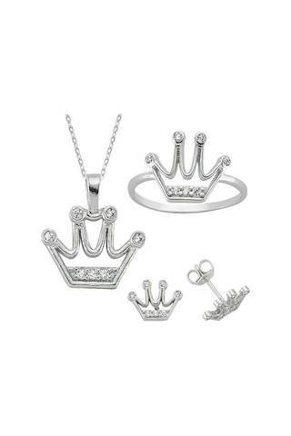 Kral Tacı Taşlı Kolye Küpe Yüzük Kadın Üçlü Gümüş Set Yst15