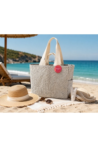 Faralya Life Çıtçıtlı Çift Saplı Kısa Ve Uzun Sap Lacivert Çizgili %70 Pamuk %30 Polyester Çift Cepli 50 42 Ölçüde Omuz Çantası Çok Amaçlı Kadın Çanta Plaj Çantası