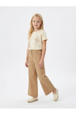 Zekids Kız Çocuk Bol Paça Modal Kumaş Tasarım Pantolon-17149 Bej