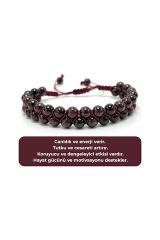 Sertifikalı Granat Lal Çift Sıra Doğal Taş Makrome Bileklik Ayarlanabilir Ölçü Bordo