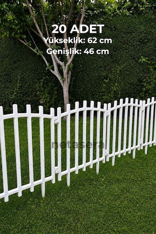 Maxi Boy Yükseklik 62 Cm Dekoratif Çift Taraflı Beyaz Peyzaj Plastik Bahçe Çiti 20 Adet Çit