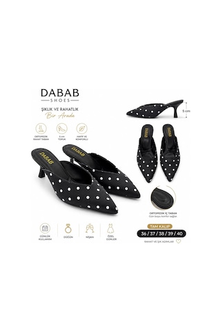 Dabab Shoes Sevılla Puantiye Desenli Siyah Saten Sivri Burunlu 5 Cm İnce Topuklu Mule Terlik
