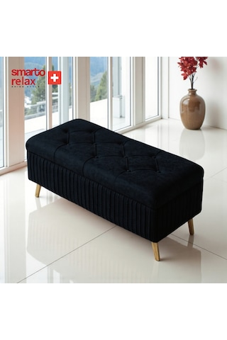 Smarto Relax Swiss Style Puf , Appenzell Kapitone Sandıklı Puf, Babyface Kaplama, 100x40x45 Cm, Ahşap Ayaklı ,sandıklı Dekoratif Puf Siyah