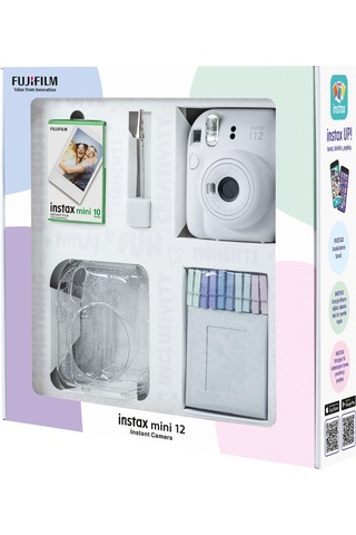 Fujifilm Instax Mini 12 Fotoğraf Makinesi + 10'lu Film Simli Pleksi Kılıf Beyaz