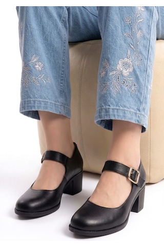 Analin Shoes Kadın Hakiki Deri Tokalı Günlük Kalın Topuklu Ayakkabı Siyah