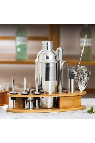 Pazly By-011 11'lı Oval Ahşap Standlı Çalkalayıcı Seti 350ml Barmenlik Paslanmaz Çelik Bambu