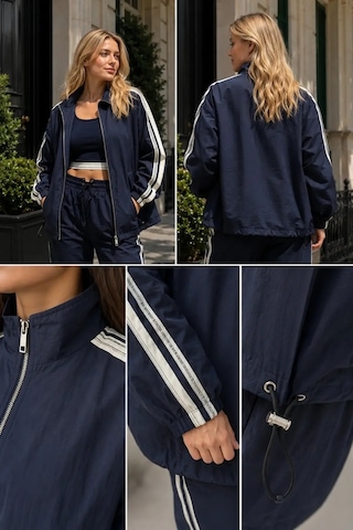 Kadın Lacivert Spor Takım Şerit Detaylı Crop, Oversize Ceket Ve Lastikli Bağcıklı Pantolon - 2322 S