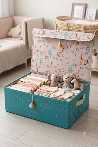 Bebek Kapaklı Saklama Kutusu Kulplu Oyuncak Ve Kıyafet Düzenleyici Çocuk Odası 50x38x19 Cm Mavi