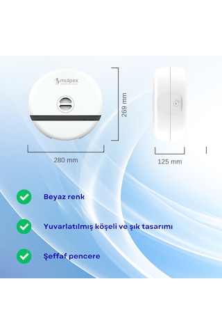 Mulpex Duvara Monte Mini Jumbo Tuvalet Kağıdı Dispenseri Abs Gövde, Kilitli, Vidalı & Yapışkan Montaj Beyaz Beyaz