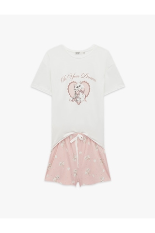 Koton Pamuklu Bisiklet Yaka Kısa Kollu Pijama Takımı Pembe Desenli 6slk40146mk