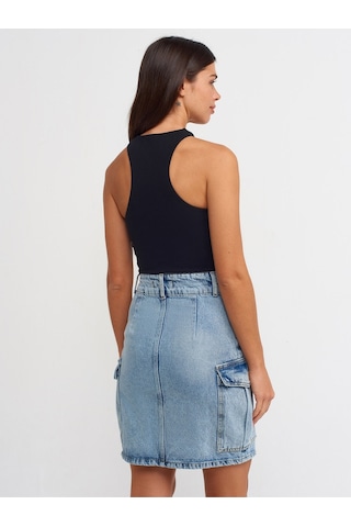 Dilvin 80548 Yanları Cepli Midi Denim Etek-Mavi