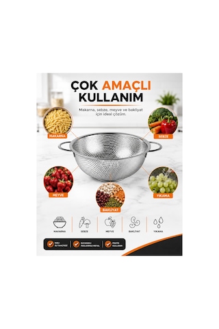 Paslanmaz Çelik Makarna Süzgeci 25 Cm Çift Kulplu Metal Sebze Meyve Yıkama Ve Süzme Kevgiri Gri
