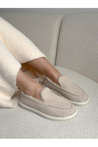 Ervanın Butiği Bej Süet Juno İci Peluş Kadın Loafer-5973