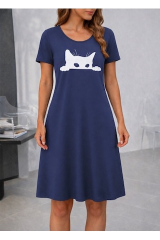 Alyn Wear Kadın Kısa Kollu Bisiklet Yakalı Kedi Desenli Viskon Kısa Elbise Lacivert