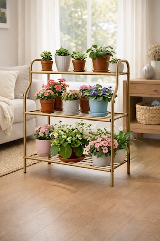 Modern Gold 3 Katlı Metal Mutfak Ve Dekoratif Saksılık Çiçeklik Dayanıklı Raflı Stand-organizer Gold