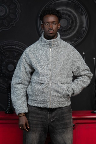 Oversize Crop Model Yan Cepli Astarlı Kırçıllı Mont Gri