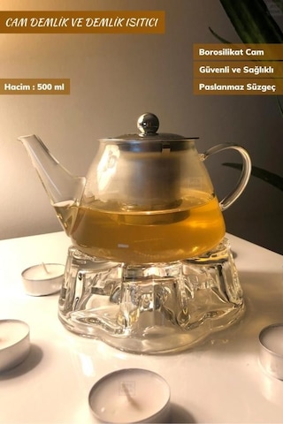 2 Li Set Cam Demlik Ve Cam Isıtıcı Süzgeçli Demlik 500 Ml Bitki Çayı Demliği Borasilikat V Şeffaf