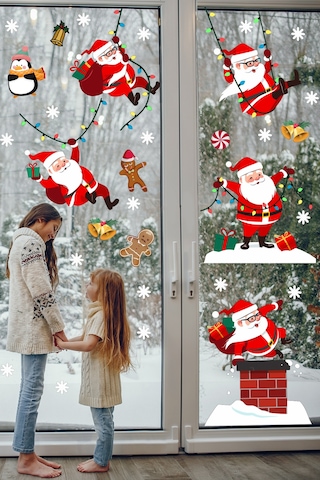 Yılbaşı Sticker Sevimli Noel Baba ve Kar Taneleri Pencere Duvar Süsü
