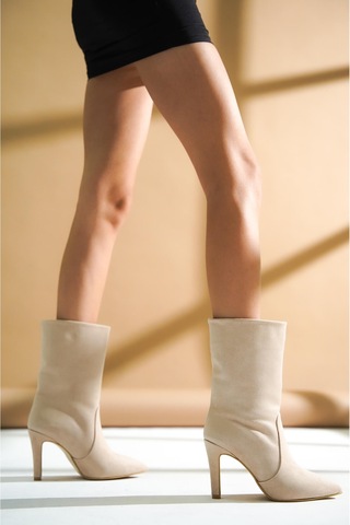 Seem Bej Süet Topuklu Günlük Kullanım Kısa Çizme Bej Süet
