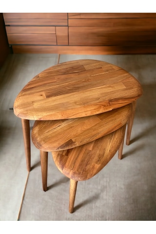 Fawdecor Masif Doğal Ahşap Modern Kestane 3'lü Zigon Sehpa Seti