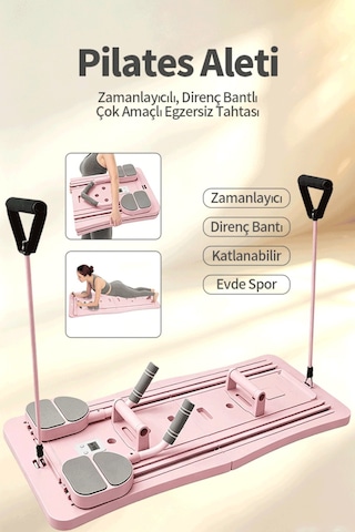 5'ı 1 Arada Pilates Şınavı, Karın Kası Tekerleği, Fitness Tahtası Pembe