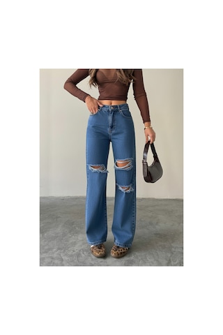 Blue Marlın Çift Diz Lazer Yırtık Boyfriend Bol Paça Jeans Mavi