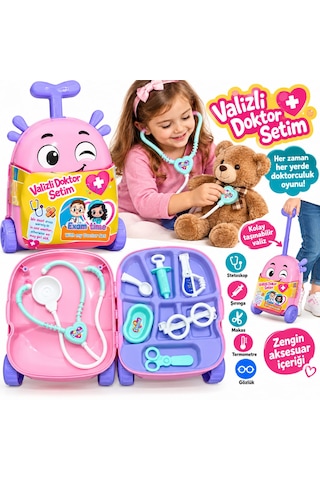 Oyuncak Çekçek Valizli Aksesuarlı Makyaj Doktor Tamir Set Taşınabilir Tekerlekli Renkli Çantalı Bavul Güzellik Eğitici Meslek Seti 50x25 Cm Çok Renkli