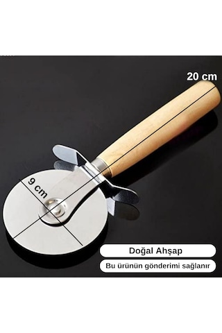 Ahşap Saplı Paslanmaz Çelik Pizza Kesici Yuvarlak Bıçaklı Dilimleme Aparatı 20 Cm