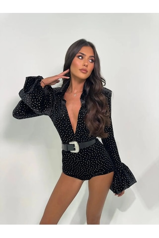 Kessia Taşlı Kemerli Tulum Siyah