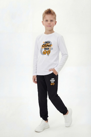 Panios Kids Yuvarlak Yaka Sweatshirt Paça Lastikli Eşofman Alt Baskılı Uzun Kollu Erkek Çocuk Alt Üst Takım Beyaz