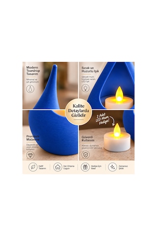 2 Li Dekoratif Mumluk Seti Modern Teardrop Tasarım, 2 Adet Led Mum Hediyeli, Şık Ev Dekorasyonu - Mavi Açık 16277120
