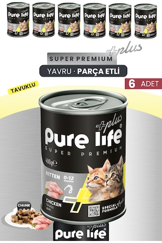 Purelife Plus 6'lı Tavuklu Yavru Puppy Kedi Konserve Chunk Parça Etli Yaş Mama 400 G