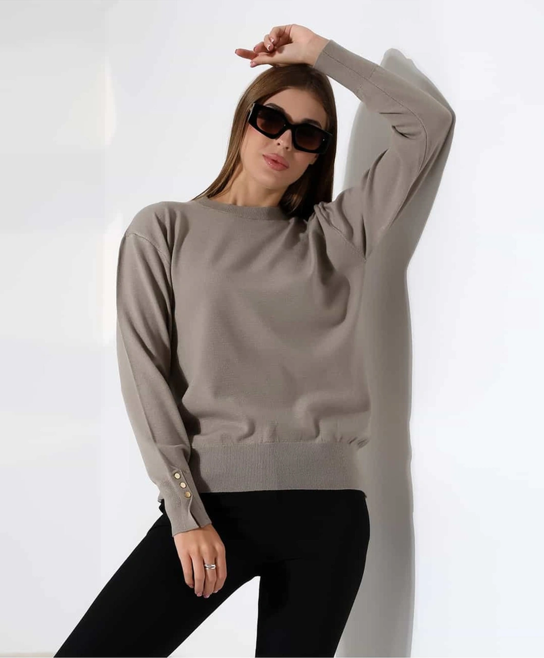 Gündelik Şıklık Kol Düğme Detay Triko Kazak Vizon