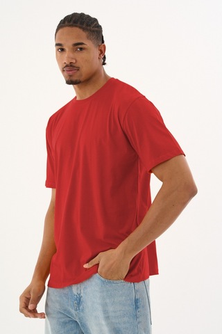 Dechers Erkek %100 Organik Pamuklu Yumuşak Dokulu Comfort Fit Bisiklet Yakalı T-shirt E222 Kırmızı