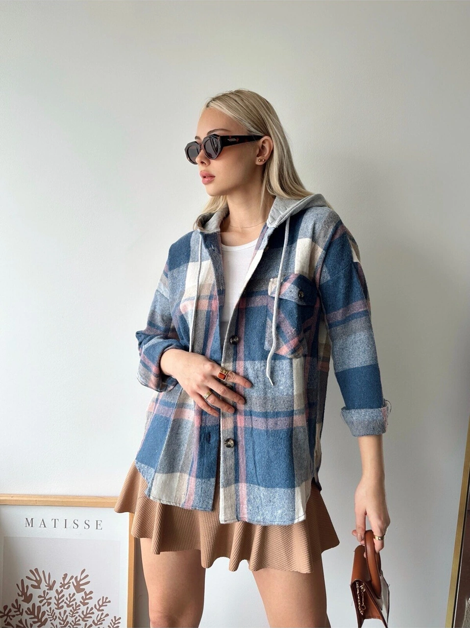 Mamayaga Kadın Curve Desenli Renkli Oduncu Oversize Büyük Beden Ceket Gömlek Mavi