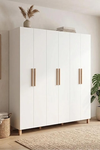 Robin Home Maya 6 Kapaklı Gardırop Elbise Dolabı Ahşap Ayaklı Beyaz