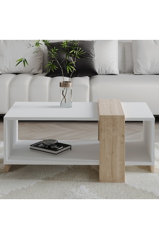 Meleni Orta Sehpa 90 Cm Modern Tasarım Raflı Beyaz/safir Meşe