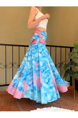 Ali Butik Desenli Drapeli Şifon Etek Çok Renkli