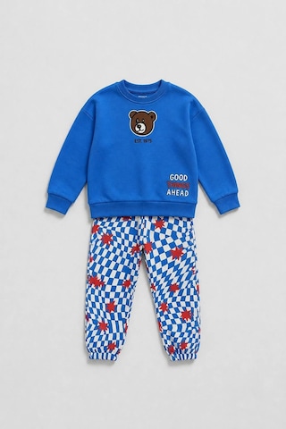 Magu Çocuk Ayıcık Baskılı Mavi Sweatshirt Ve Desenli Eşofman Altı Takımı Çok Renkli