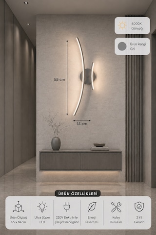 Yumi Modern Led Duvar Apliği Günışığı Gri