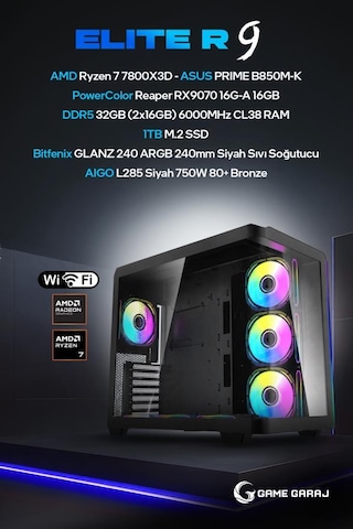 Game Garaj ELITE-R9 R7-7800X3D RX9070 32 GB 1 TB SSD Free Dos Oem Paket Masaüstü Oyuncu Bilgisayarı