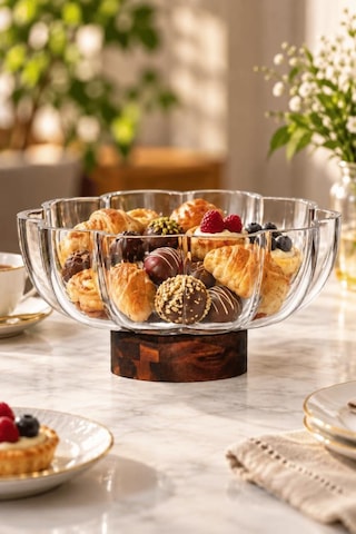 Atbyhome Akasya Ayaklı Çiçek Cam Meyvelik 25x12 Cm - Papatya Dilimli Cam Salata Tatlı Sunum Kasesi Gondol Şeffaf