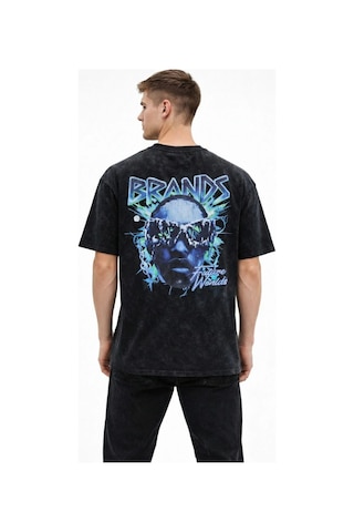 Erkek Asit Yıkamalı Oversize Tişört Future Worlds Baskılı Bisiklet Yaka Kısa Kollu Streetwear %100 Pamuk Street Style T-shirt - Siyah Siyah