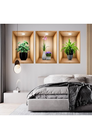 3d Çiçek Vazo Duvar Sticker 3 Lü Set Kahverengi Fon 5060 Çok Renkli