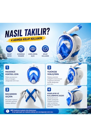 Kenly Tam Yüz Şnorkel Maske S-m L-xl Beden Seçenekli Dry Top Deniz Gözlüğü Seti Beyaz Mavi