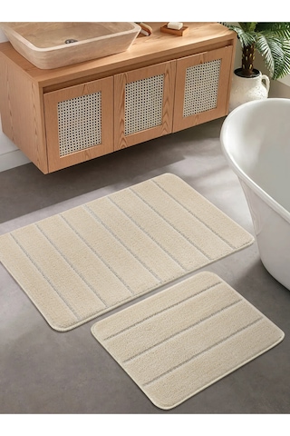 Doğal Kaymaz Taban Banyo Paspas Set Yumuşak Dokulu Su Emici Yıkanabilir Yeni Çizgili Set 50x80-50x40 Krem