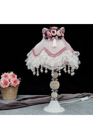 Kokoş Model Kadife Kaplı Çiçek Dekorlu Pudra Pembe Abajur