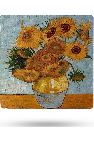 Doğaltaş Bardak Altlığı Vangogh Eseri Baskılı 10x10cm %100 Traverten Doğal Taş Çok Renkli