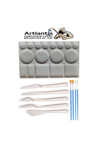Plastik Masa Üstü 17 Hazneli Resim Paleti 5 Li Plastik Spatula Ve Resim Fırçası 1 Paket Ressam Sanatsal Palet Bıçağı