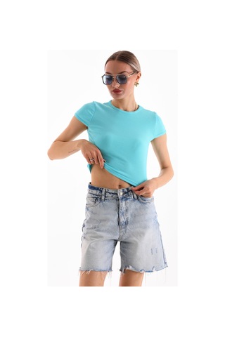 Kadın Likralı Kısa Kol Crop Bluz Turkuaz
